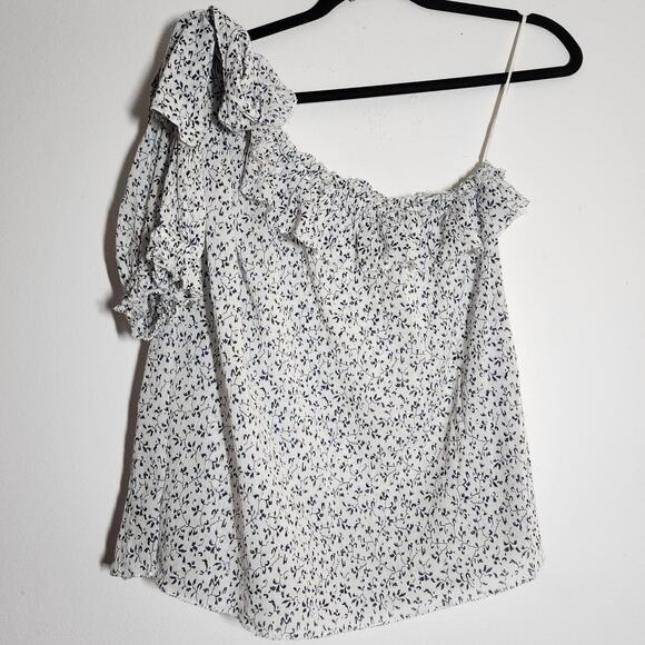 Ulla Johnson Alene One Shoulder Cotton Top Porcelain Floral Vine Puff Sleeve Bow - Picture 3 of 13